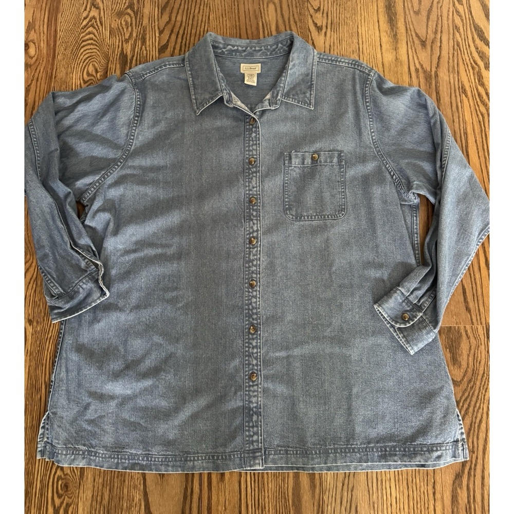 L.L.Bean Women's 2X Chambray Denim Shirt Blue Cotton Tencel Button Front Outdoor